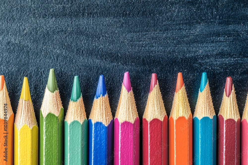 A row of sharpened colored pencils A row of sharpened colored pencils