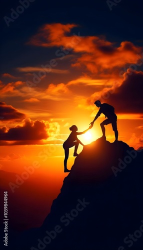 Silhouette at sunset of two people reaching the top of a mountain