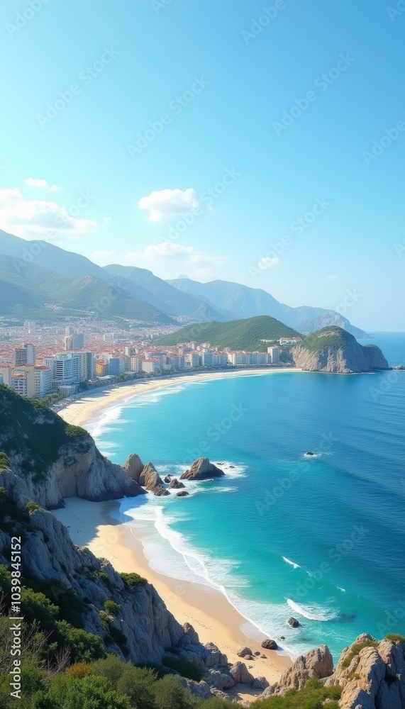 A stunning coastal view showcasing a vibrant beach beside crystal-clear waters and mountains in the background, perfect for travel, tourism, and relaxation themes. A stunning coastal view showcasing a vibrant beach beside crystal-clear waters and mountains in the background, perfect for travel, tourism, and relaxation themes.