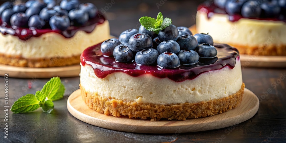 A Delectable Blueberry Cheesecake Dessert with a Smooth Cream Cheese Filling, Topped with a Luscious Blueberry Glaze and Garnish of Fresh Mint Leaves A Delectable Blueberry Cheesecake Dessert with a Smooth Cream Cheese Filling, Topped with a Luscious Blueberry Glaze and Garnish of Fresh Mint Leaves