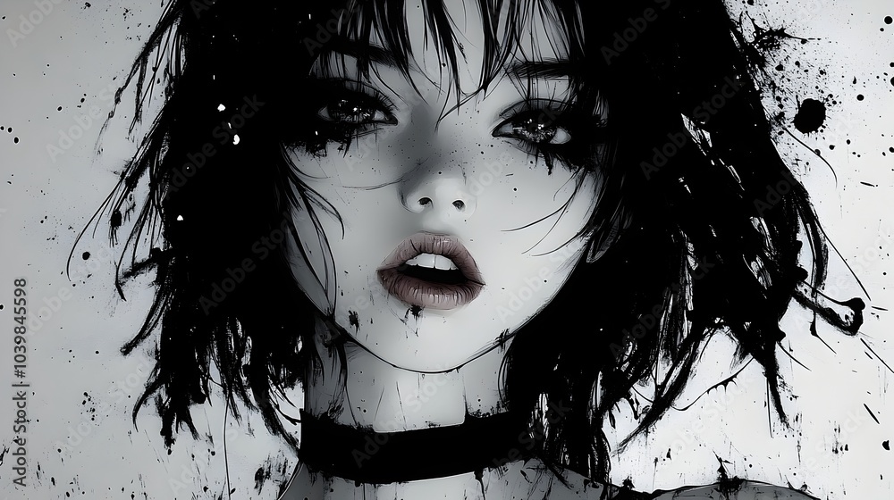 Fototapeta premium Rebellious Anime Girl in Grunge Monochrome Portrait with Splattered Ink Background