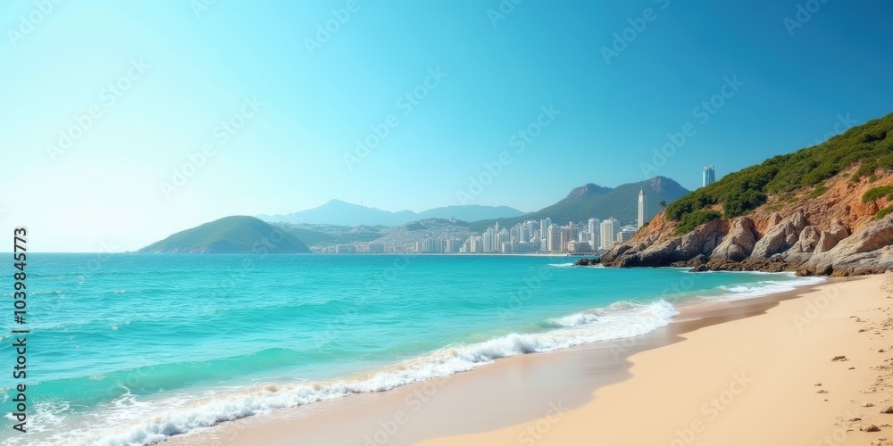 A stunning beach view with clear blue water and mountains in the background, ideal for travel, vacation, or lifestyle projects. A stunning beach view with clear blue water and mountains in the background, ideal for travel, vacation, or lifestyle projects.