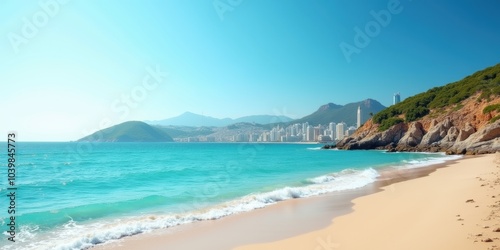 A stunning beach view with clear blue water and mountains in the background, ideal for travel, vacation, or lifestyle projects.