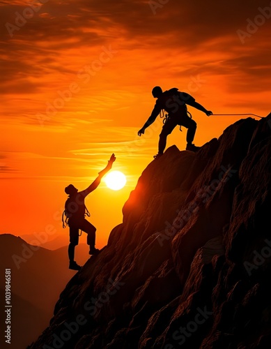 Wallpaper Mural Silhouette at sunset of two people reaching the top of a mountain Torontodigital.ca