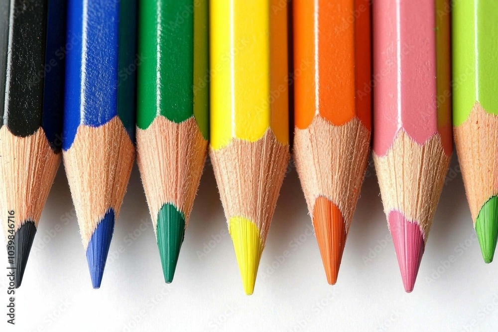 A row of sharpened colored pencils A row of sharpened colored pencils