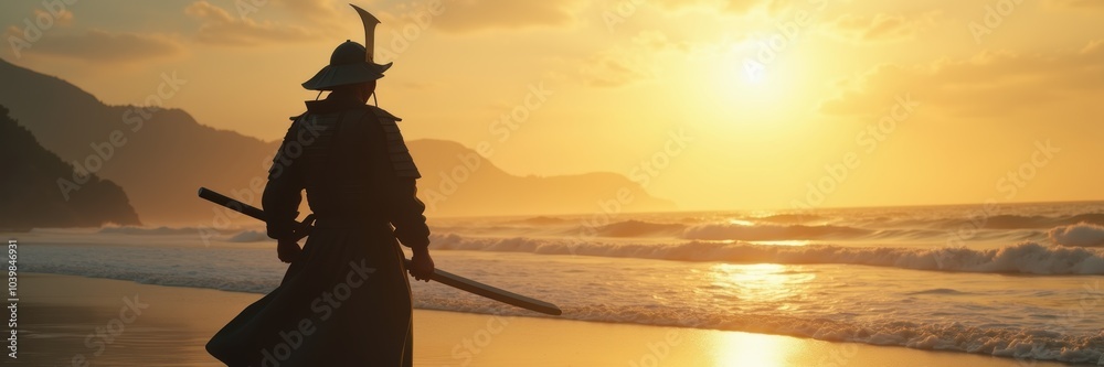 Obraz premium A silhouetted warrior stands on a beach at sunset, evoking themes of adventure, solitude, and strength in a serene natural setting.