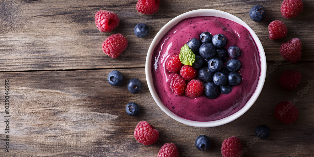 Berry Smoothie Bowl Topped with Fresh Blueberries and Raspberries Berry Smoothie Bowl Topped with Fresh Blueberries and Raspberries