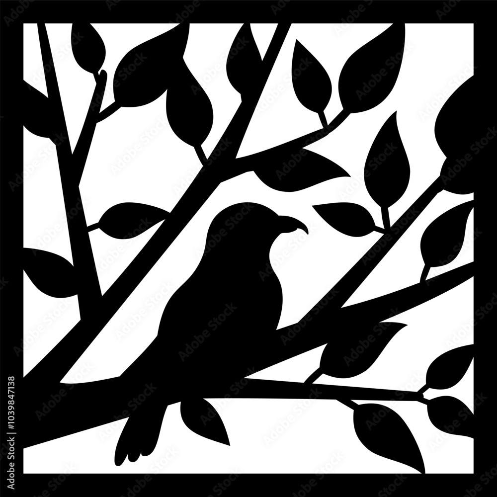 Laser cutting template featuring an elegant black silhouette of a bird perched on a branch with delicate leaves. Perfect for creating jewelry, decorative items, gifts, wall decoration. Laser cutting template featuring an elegant black silhouette of a bird perched on a branch with delicate leaves. Perfect for creating jewelry, decorative items, gifts, wall decoration.