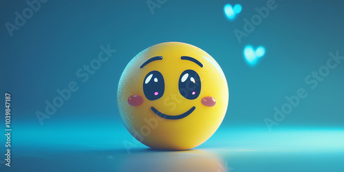 Vector illustration of a smiley emoticon. representation of a smiling emoticon. icon logo. flat blue background. human feelings and emotions. smiling mouth. hearts on the cheeks. love. big eyes