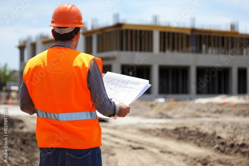 Construction Worker Inspecting Building Site with Blueprint Plans photo