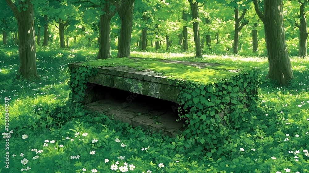 Rugged Weathered Chest Enveloped in Lush Forest Growth and Dappled Light