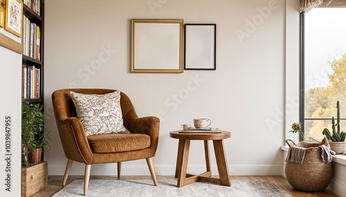 A stylish reading nook featuring a cozy armchair with a pillow, a framed mockup for artwork on the wall. Modern design