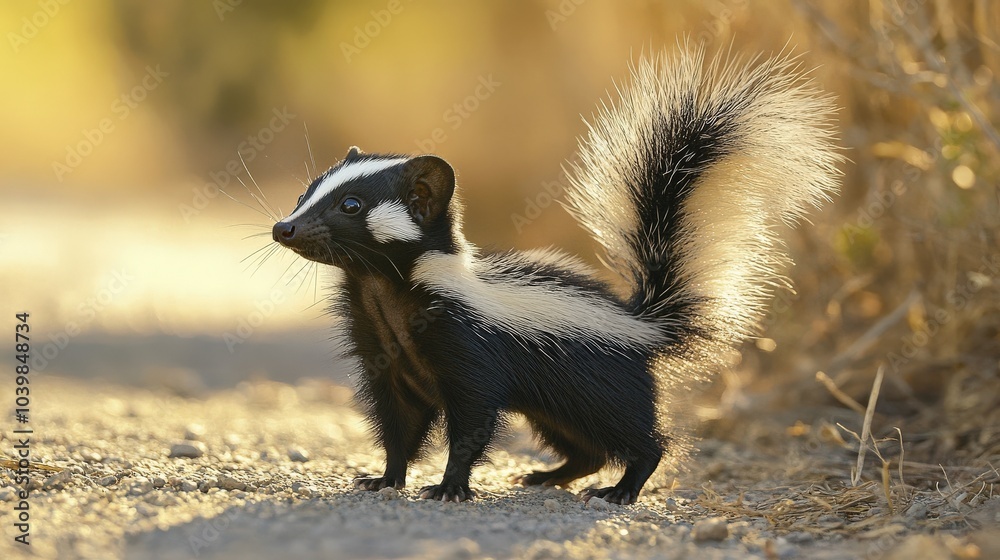 Striped Skunk: A Mammal Creature in Nature Standing Outdoors Striped Skunk: A Mammal Creature in Nature Standing Outdoors