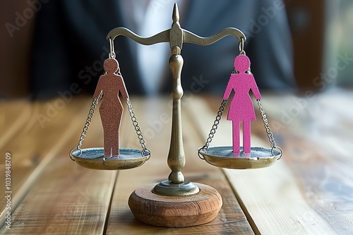 A scale with two female figures cut from paper, representing equality and balance. photo