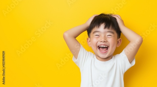 Asian boy hands on head 