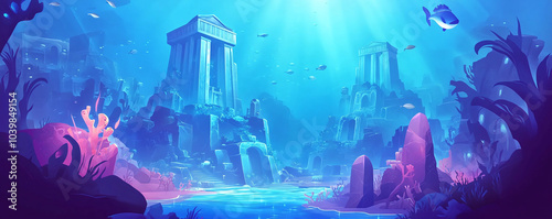 A beautiful illustration of a mystical, underwater city of Atlantis, filled with towering buildings, marine life, and sunken ruins. The scene is illuminated by soft light from the ocean surface.