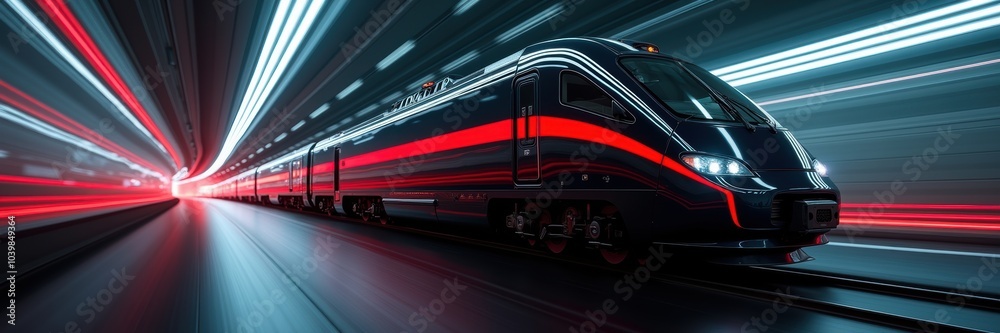 Naklejka premium A sleek, modern train speeds through a vibrant, illuminated tunnel, symbolizing innovation and efficiency in transportation.