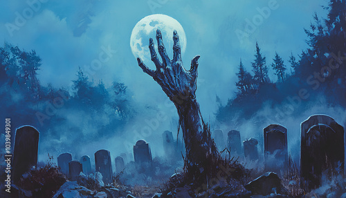 A ghostly hand emerges from the ground in a graveyard, reaching towards a full moon in the night sky. photo