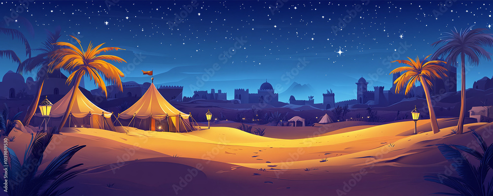 A magical oasis scene under a starry night sky, featuring golden tents illuminated by soft lights in the desert. Palm trees and distant fortresses complete the dreamy Arabian Nights setting A magical oasis scene under a starry night sky, featuring golden tents illuminated by soft lights in the desert. Palm trees and distant fortresses complete the dreamy Arabian Nights setting