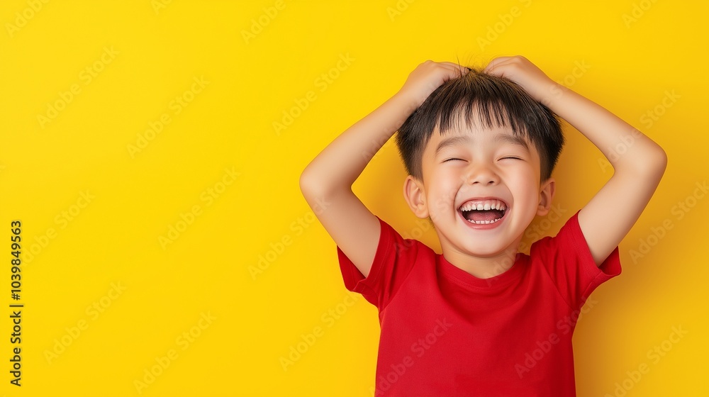 Asian boy hands on head Asian boy hands on head