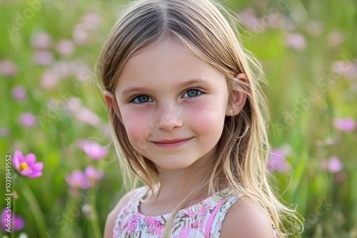 A cheerful girl explores a vibrant wildflower field on a sunny spring day