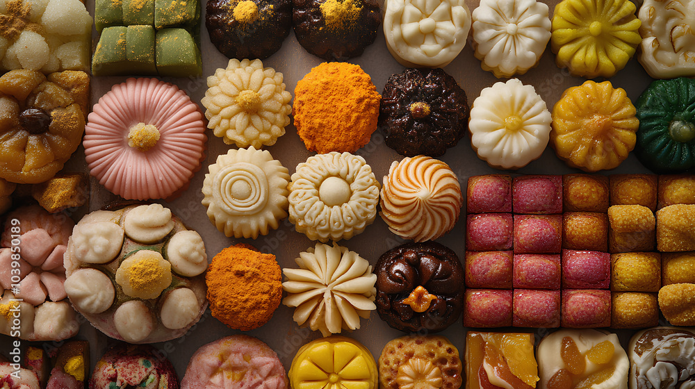 A close-up view of an assortment of colorful, elaborately decorated confections arranged on a surface. A close-up view of an assortment of colorful, elaborately decorated confections arranged on a surface.