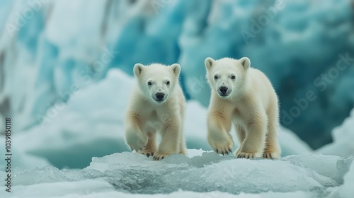 Svalbard. Polar Bear Cubs on Ice Pack in Arctic Circle, Barentsoya, Norway photo