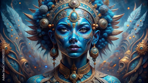 Blue-Skinned Tribal Fantasy Figure in Modern Art - Surreal Photography