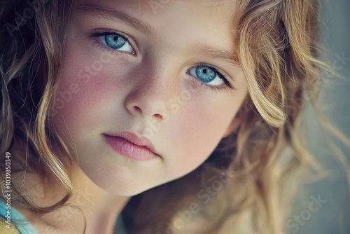 A young child with captivating blue eyes gazes thoughtfully while standing near a window