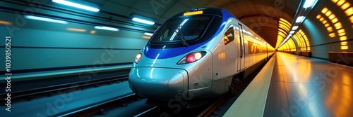 A sleek train speeding through a modern tunnel, showcasing the future of transportation and urban mobility.