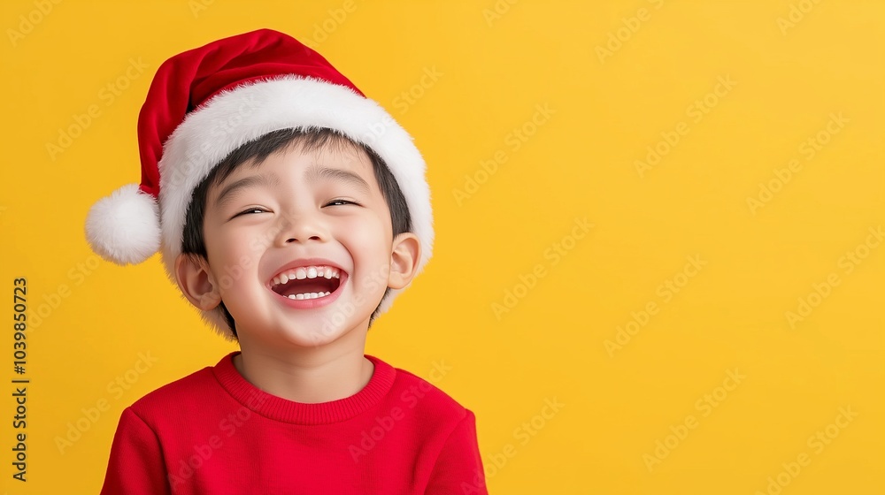 Asian boy smile and wearing Christmas hat Asian boy smile and wearing Christmas hat