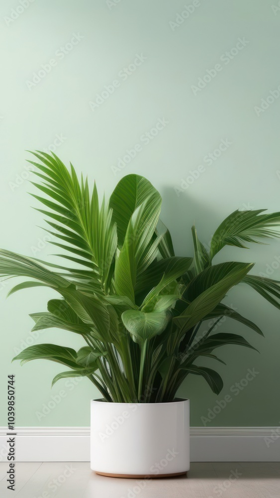 Green plants on the background of a light pastel wall, in the center there is a place for text Green plants on the background of a light pastel wall, in the center there is a place for text