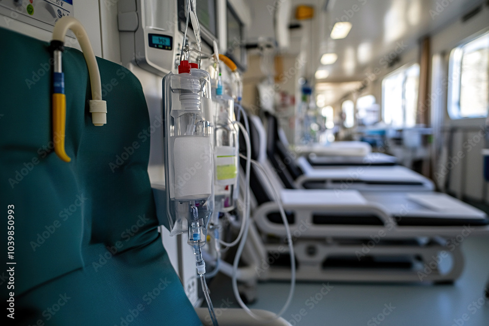 Fototapeta premium hospital ward full of seats for dialysis or blood donation patients.