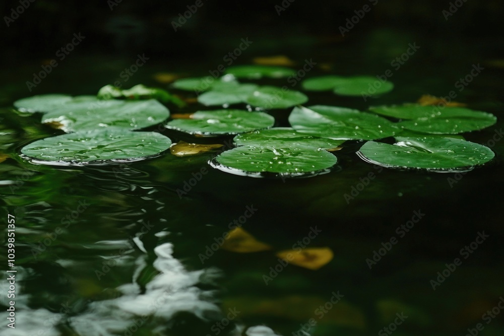 Lush green lily pads floating serenely on a tranquil pond at dawn Lush green lily pads floating serenely on a tranquil pond at dawn