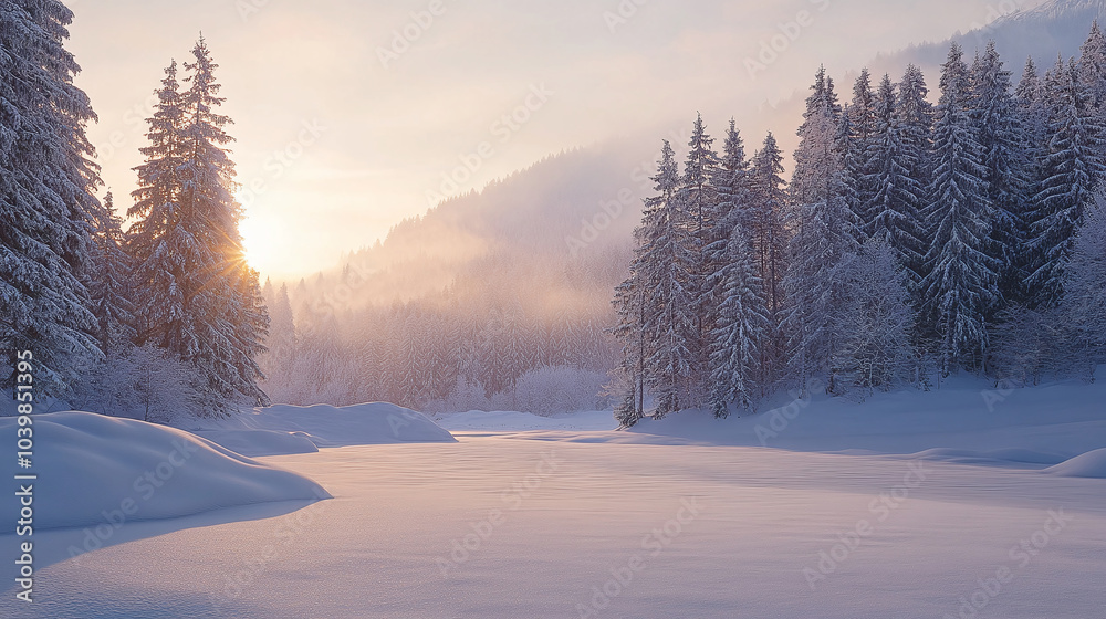 A serene winter scene with a background of fresh white snow covering a pine forest, creating a picturesque Christmas landscape A serene winter scene with a background of fresh white snow covering a pine forest, creating a picturesque Christmas landscape