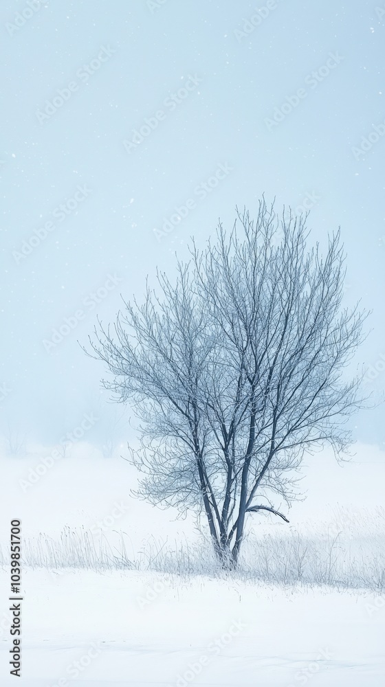 A solitary tree stands serene against a snowy backdrop in a quiet winter landscape A solitary tree stands serene against a snowy backdrop in a quiet winter landscape