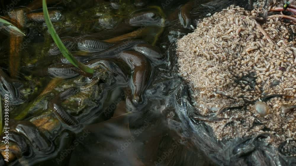 Horse leech and fly maggots feeding on a carcass Horse leech and fly maggots feeding on a carcass