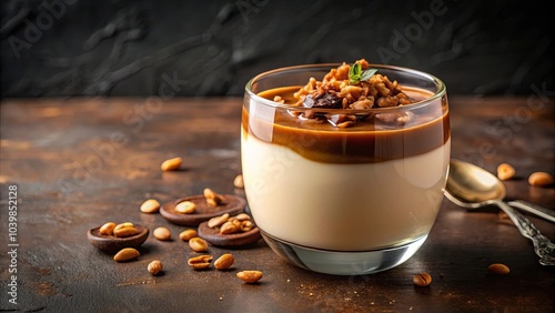 Creamy Dessert with Toasted Nuts and Caramel Drizzle on a Rustic Surface photo