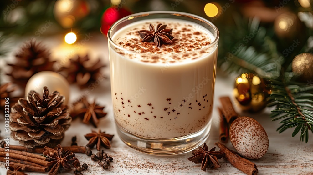 Christmas drink with cinnamon sticks and anise stars, glasse of sweet classic eggnog cocktail on Christmas, New Year decorated background with fir tree and baubles Christmas drink with cinnamon sticks and anise stars, glasse of sweet classic eggnog cocktail on Christmas, New Year decorated background with fir tree and baubles