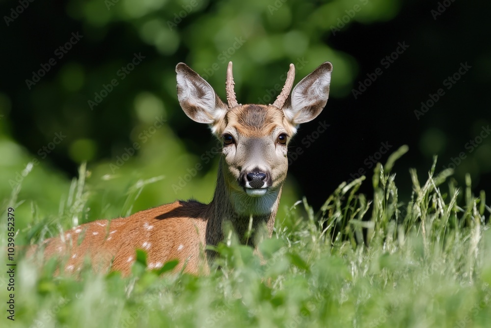 A young deer emerges from the grass in a serene forest setting during daytime A young deer emerges from the grass in a serene forest setting during daytime