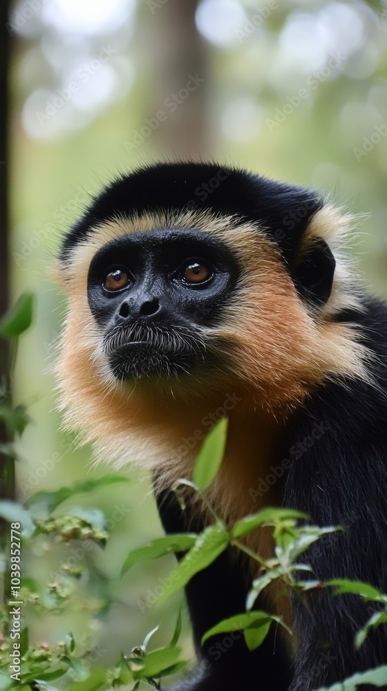 Obraz premium A curious gibbon gazes thoughtfully among vibrant foliage in a tranquil forest setting