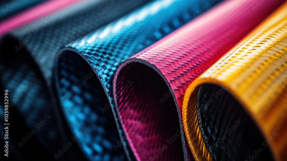 Colorful Textured Rolls of Woven Fabric in Patterned Arrangement Colorful Textured Rolls of Woven Fabric in Patterned Arrangement