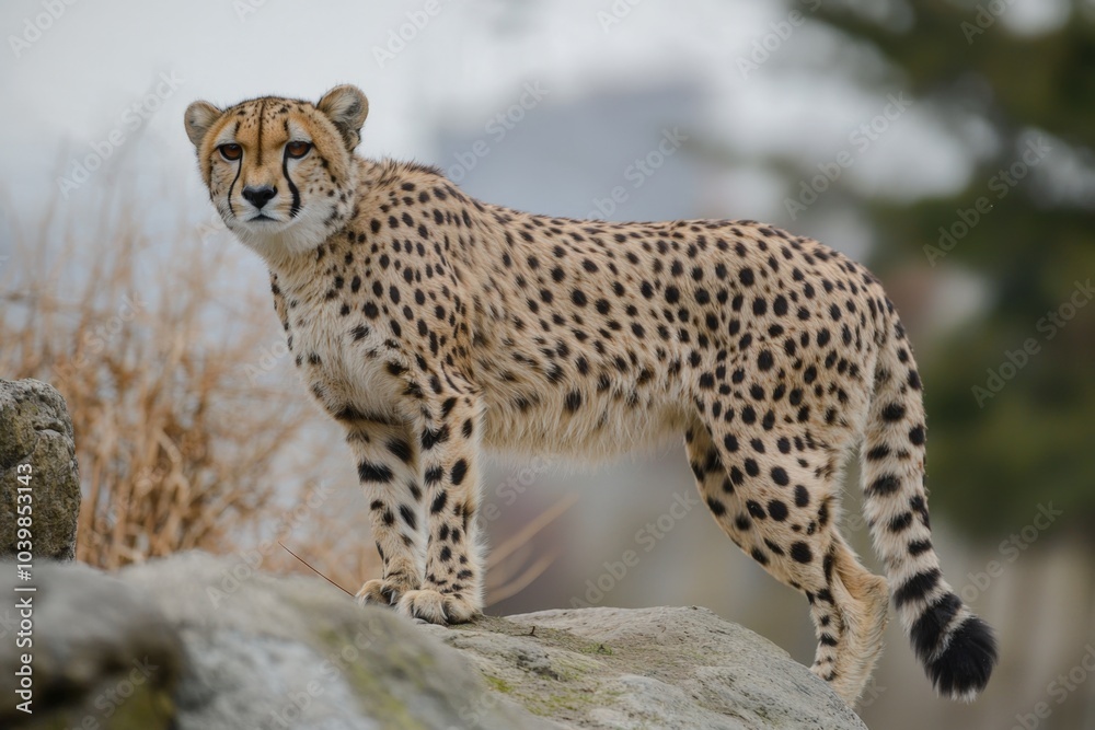 Majestic cheetah perched on rocky terrain amidst soft grass in a serene landscape Majestic cheetah perched on rocky terrain amidst soft grass in a serene landscape
