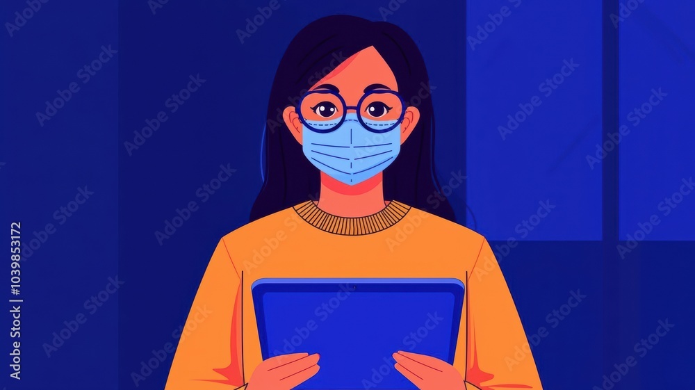 Doctor in a mask sitting next to patient, explaining treatment with tablet, sterile clinic, support, connection, guidance Doctor in a mask sitting next to patient, explaining treatment with tablet, sterile clinic, support, connection, guidance