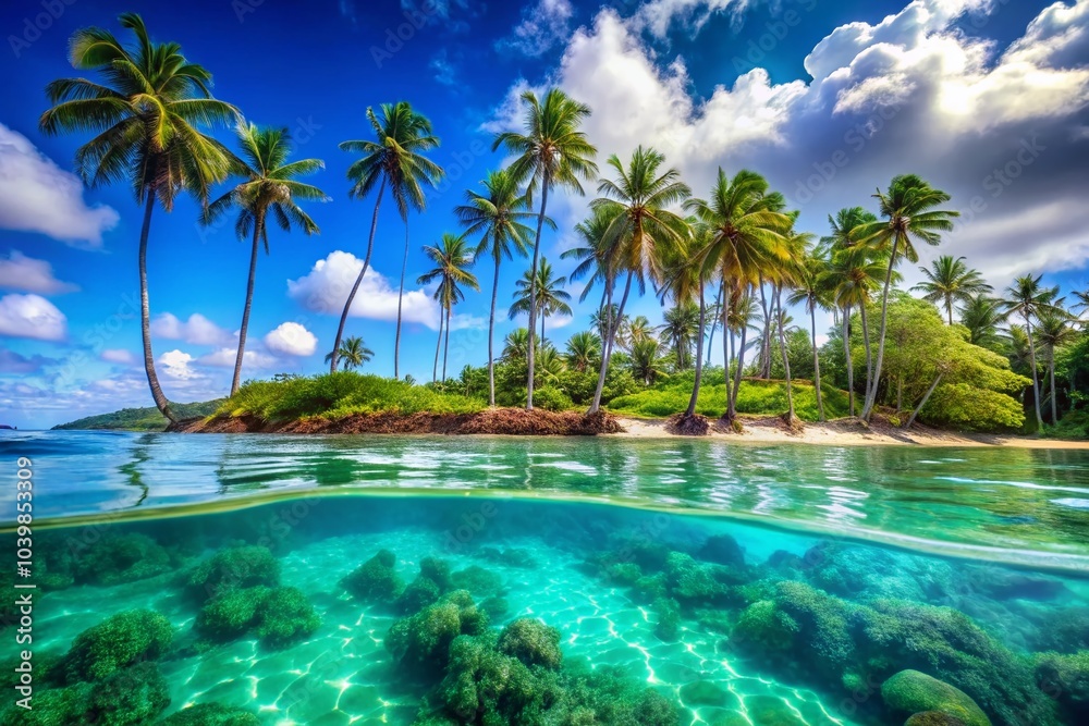 Obraz premium Breathtaking Double Exposure of Hawaii's Tropical Shoreline with Waves and Palm Trees