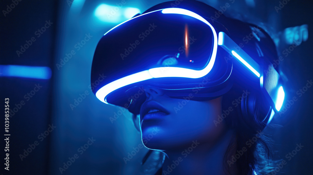Futuristic virtual reality headset experience in neon blue glow Futuristic virtual reality headset experience in neon blue glow