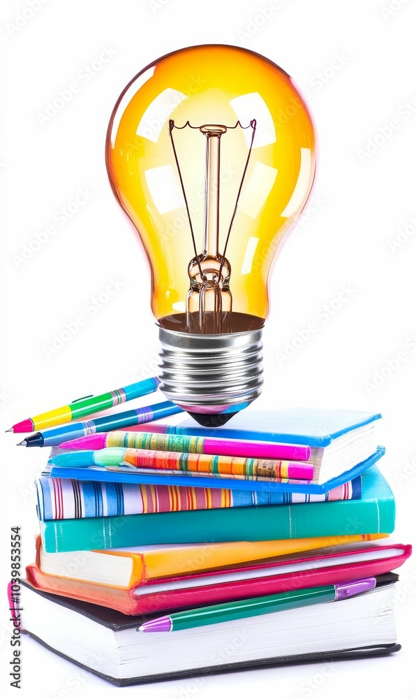 Lightbulb on top of colorful books and pens. Lightbulb on top of colorful books and pens.