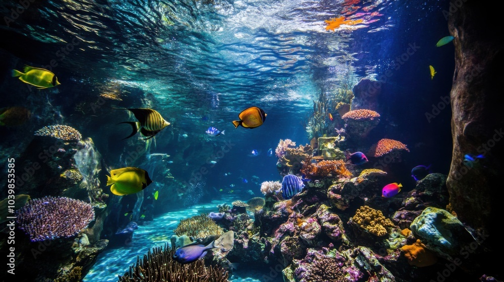 Obraz premium An underwater diving gear display in a vibrant tropical lagoon, Scuba equipment surrounded by exotic fish and coral gardens, Tropical lagoon exploration style