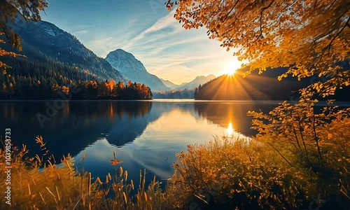 A scenic view of a lake with a mountain range in the background, framed by trees with fall colors.  The setting sun shines brightly on the lake's surface.