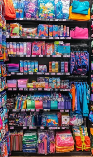 A store shelf filled with colorful, packaged goods.